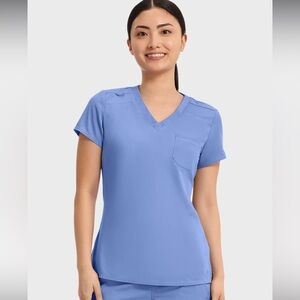 2 Pack Med Couture V Neck Scrub Top Chest Pocket Tuck in Ciel Blue Uniform (2)